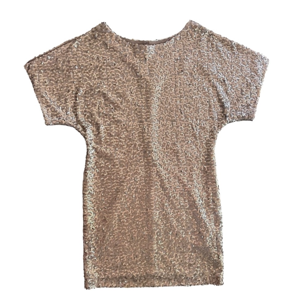 S.L. Fashions Women’s 6 Taupe Gold Sequins Wedge Split Short Sleeves Shift Dress